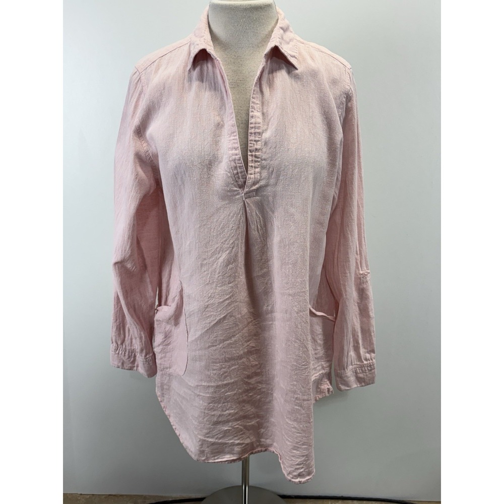 For Cynthia Linen Blend Tunic Top Shirt Women's L Pink Pockets Cover Up Coastal